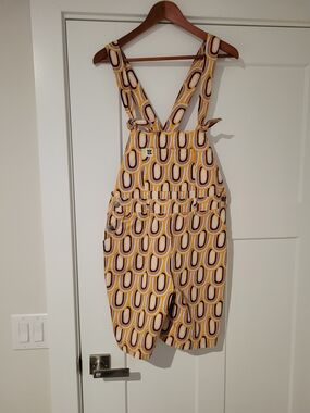 Lucy & Yak Yellow Retro Print Dungaree Dress